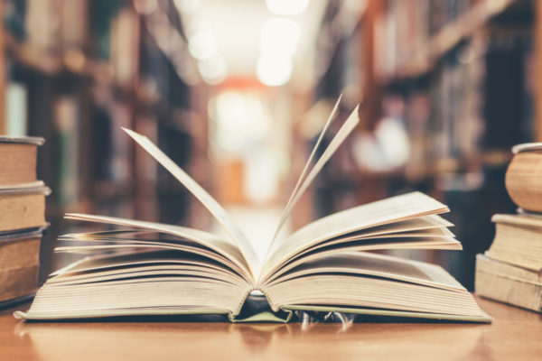Aufgeschlagenes Bild mit Bücherregalen im Hintergrund